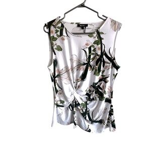 DKNY White Floral Sleeveless Blouse w/ Knot Detail Size L